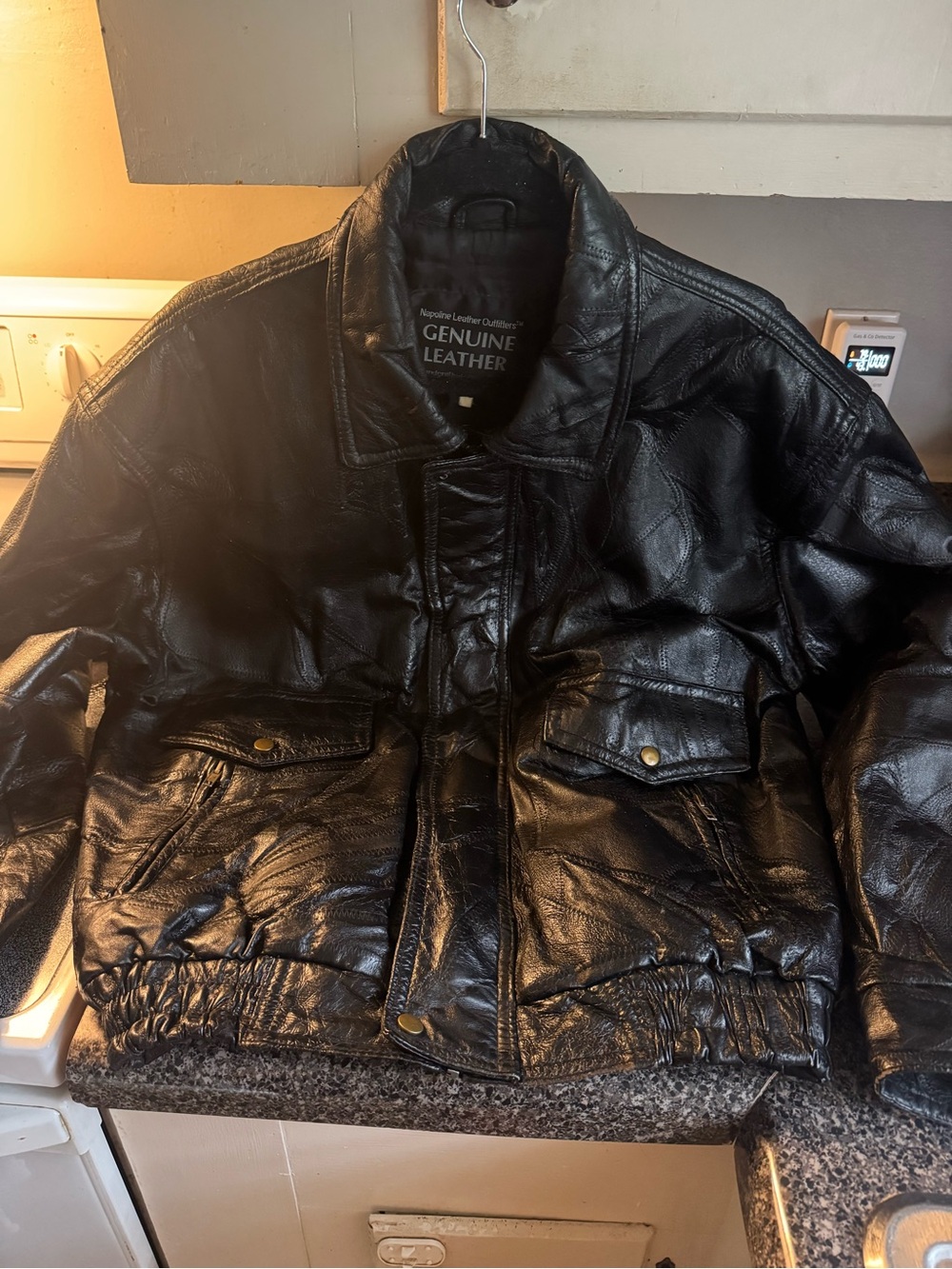 90s Men's Black Genuine Leather Bomber Jacket With Leather Gloves Unknown Size